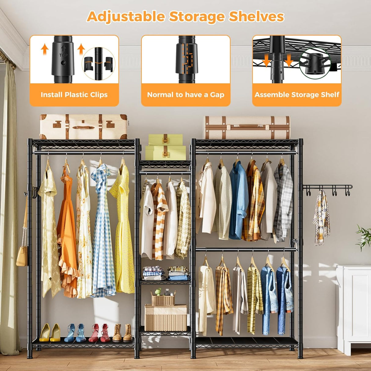 CARLA HOME Heavy Duty Clothing Garment Rack Organizer with Hanging Rods & Storage Shelves for Clothe