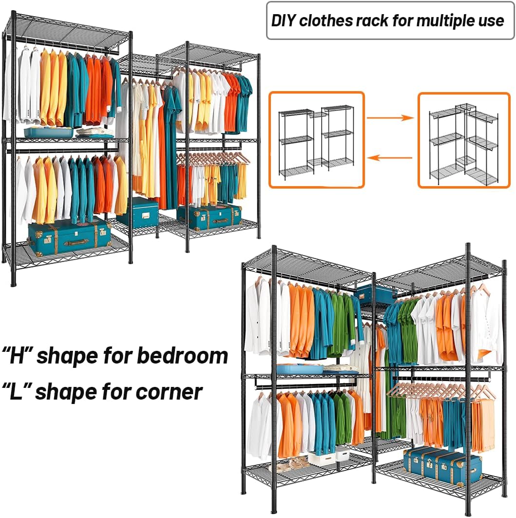 CARLA HOME Heavy Duty Clothing Garment Rack Organizer with Hanging Rods & Storage Shelves for Clothe