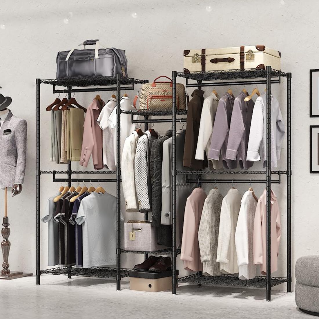 CARLA HOME Heavy Duty Clothing Garment Rack Organizer with Hanging Rods & Storage Shelves for Clothe