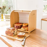 CARLA HOME Large Bamboo Bread Box Storage Organizer with Roll Top for Kitchen Counter - Low Angle