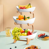 CARLA HOME 3-Tier Ceramic Fruit Bowl Basket with Bamboo Stand for Kitchen Counter, Snack Tray, Dessert Server & Vegetable Storage Rack - Front View