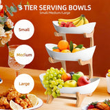 CARLA HOME 3-Tier Ceramic Fruit Bowl Basket with Bamboo Stand for Kitchen Counter, Snack Tray, Dessert Server & Vegetable Storage Rack - 45-Degree Angle