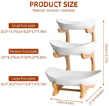 CARLA HOME 3-Tier Ceramic Fruit Bowl Basket with Bamboo Stand for Kitchen Counter, Snack Tray, Dessert Server & Vegetable Storage Rack - Low Angle