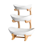 CARLA HOME 3-Tier Ceramic Fruit Bowl Basket with Bamboo Stand for Kitchen Counter, Snack Tray, Dessert Server & Vegetable Storage Rack