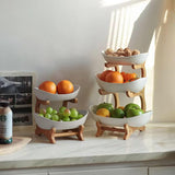 CARLA HOME 2-Tier Ceramic Fruit Bowl Basket with Bamboo Stand for Kitchen Counter, Snack Tray, Dessert Server & Vegetable Storage Rack - Front View