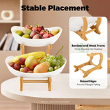 CARLA HOME 2-Tier Ceramic Fruit Bowl Basket with Bamboo Stand for Kitchen Counter, Snack Tray, Dessert Server & Vegetable Storage Rack - Top-Down View
