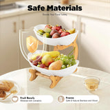 CARLA HOME 2-Tier Ceramic Fruit Bowl Basket with Bamboo Stand for Kitchen Counter, Snack Tray, Dessert Server & Vegetable Storage Rack - 45-Degree Angle