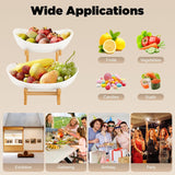 CARLA HOME 2-Tier Ceramic Fruit Bowl Basket with Bamboo Stand for Kitchen Counter, Snack Tray, Dessert Server & Vegetable Storage Rack - Close-Up Angle