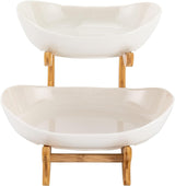 CARLA HOME 2-Tier Ceramic Fruit Bowl Basket with Bamboo Stand for Kitchen Counter, Snack Tray, Dessert Server & Vegetable Storage Rack