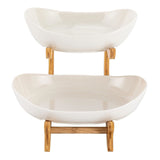 CARLA HOME 2-Tier Ceramic Fruit Bowl Basket with Bamboo Stand for Kitchen Counter, Snack Tray, Dessert Server & Vegetable Storage Rack