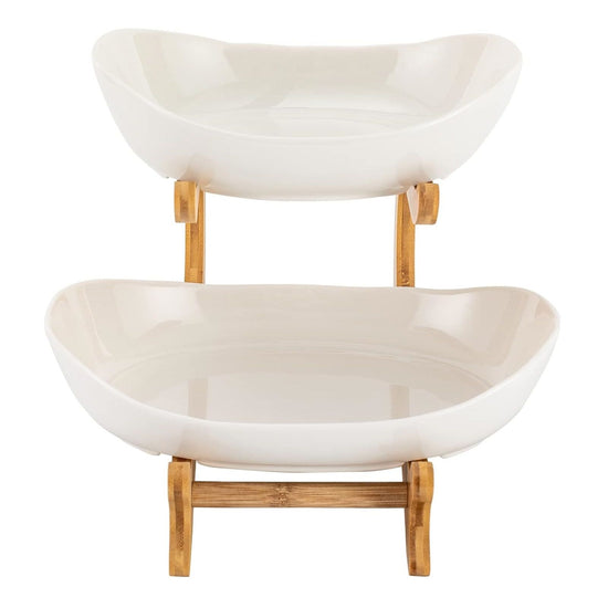 CARLA HOME 2-Tier Ceramic Fruit Bowl Basket with Bamboo Stand for Kitchen Counter, Snack Tray, Dessert Server & Vegetable Storage Rack