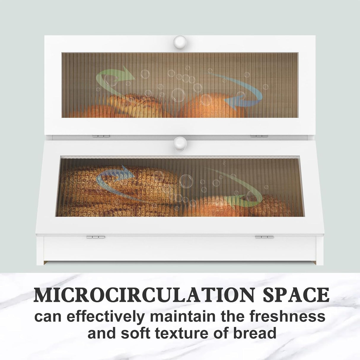 CARLA HOME Double Layer Bamboo Bread Box for Kitchen Counter - Large Capacity Bread Storage Container with Clear Window, Easy Assembly, Farmhouse Style Bread Holder (White)