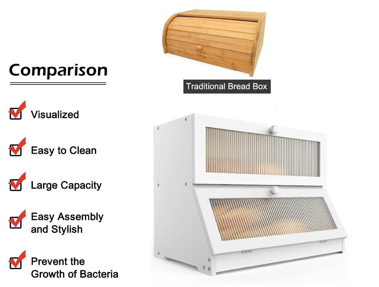 CARLA HOME Double Layer Bamboo Bread Box for Kitchen Counter - Large Capacity Bread Storage Container with Clear Window, Easy Assembly, Farmhouse