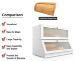 CARLA HOME Double Layer Bamboo Bread Box for Kitchen Counter - Large Capacity Bread Storage Container with Clear Window, Easy Assembly, Farmhouse Style Bread Holder (White) - Low Angle