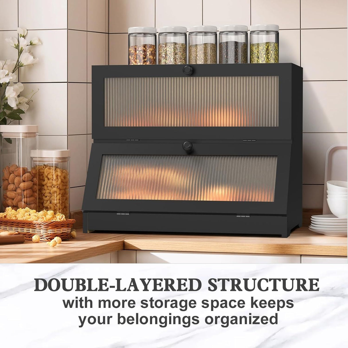 CARLA HOME Double Layer Bamboo Bread Box for Kitchen Counter - Large Capacity Bread Storage Container with Clear Window, Easy Assembly, Farmhouse