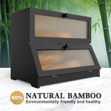 CARLA HOME Double Layer Bamboo Bread Box for Kitchen Counter - Large Capacity Bread Storage Container with Clear Window, Easy Assembly, Farmhouse Style Bread Holder (Black) - 45-Degree Angle