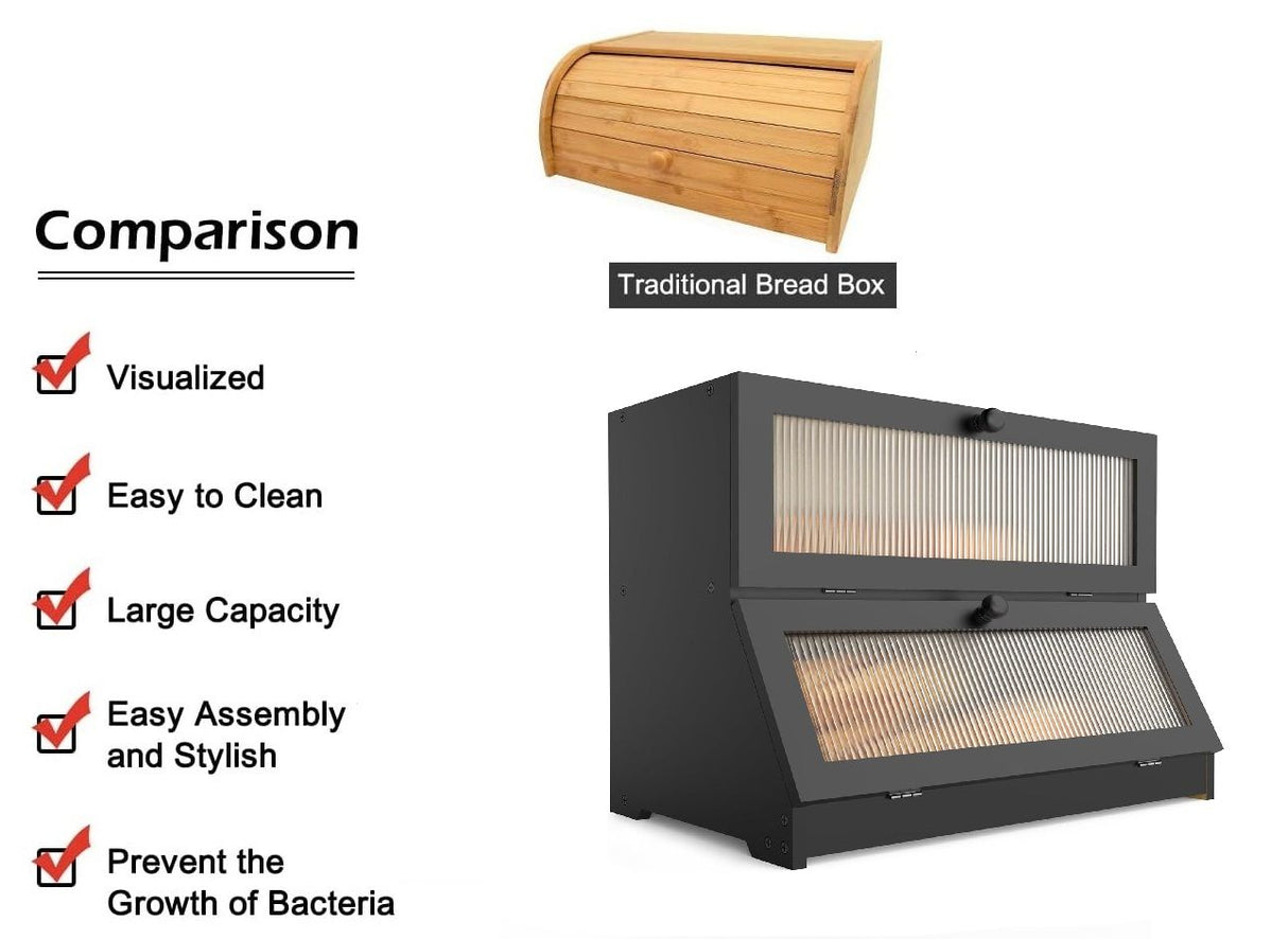 CARLA HOME Double Layer Bamboo Bread Box for Kitchen Counter - Large Capacity Bread Storage Container with Clear Window, Easy Assembly, Farmhouse Style Bread Holder (Black)