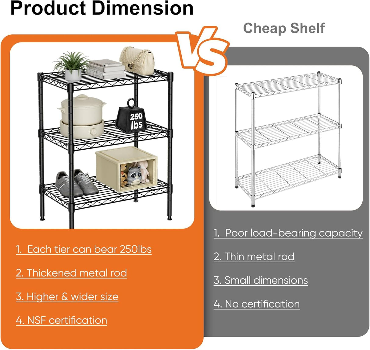 CARLA HOME 3-Tier Adjustable Metal Storage Shelves Wire Rack Organizer for Kitchen, Pantry, Bathroom or Laundry Room (45cm W x 40cm D x 103cm H)