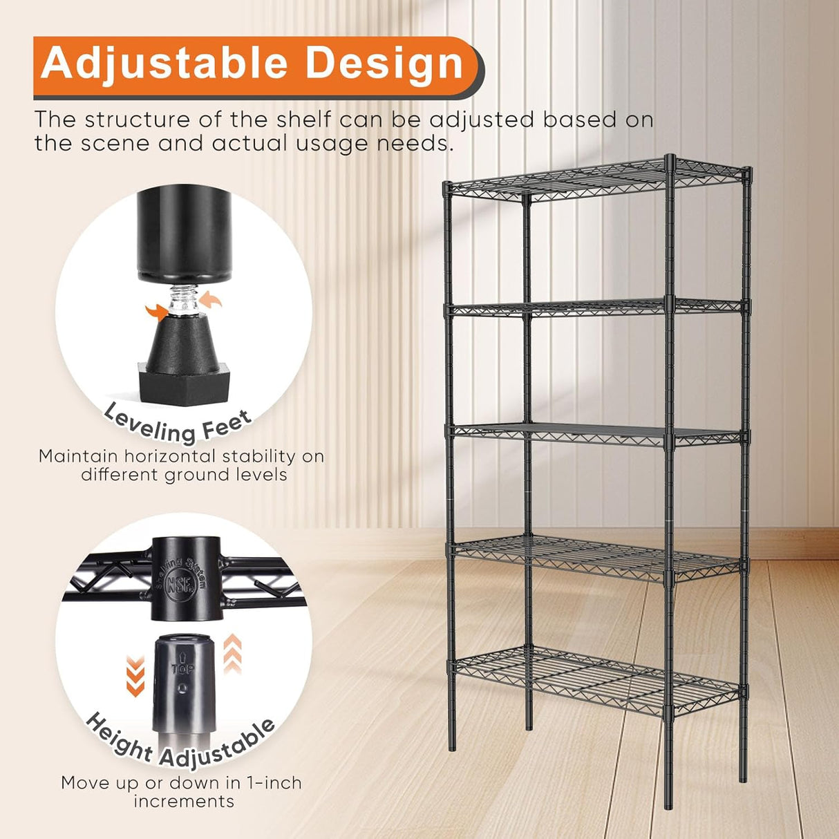 CARLA HOME 5-Tier Adjustable Metal Storage Shelves Wire Rack Organizer for Kitchen, Pantry, Bathroom or Laundry Room (60cm W x 40cm D x 145cm H)