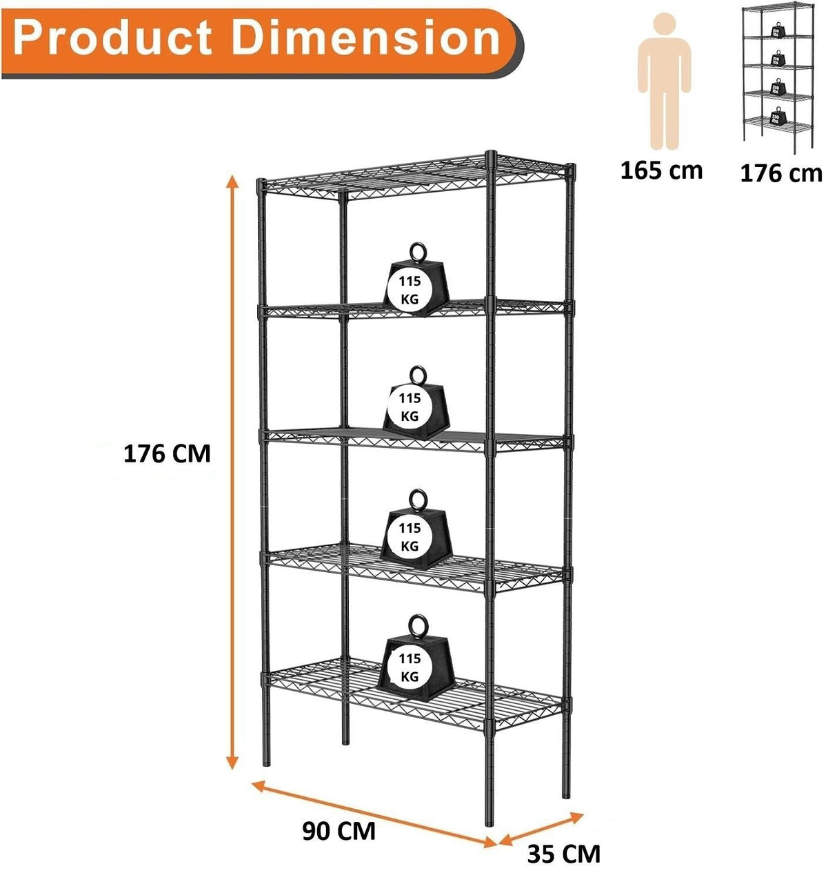 CARLA HOME 5-Tier Adjustable Metal Storage Shelves Wire Rack Organizer for Kitchen, Pantry, Bathroom or Laundry Room (60cm W x 40cm D x 145cm H)