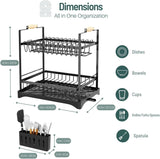 CARLA HOME 2-Tier Large Dish Drying Rack with Drainboard, Utensil Holder, Glass Hooks & Cutlery Storage (Black) - Front View