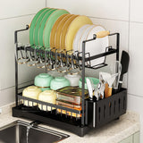 CARLA HOME 2-Tier Large Dish Drying Rack with Drainboard, Utensil Holder, Glass Hooks & Cutlery Storage (Black) - Low Angle