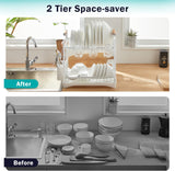 CARLA HOME 2-Tier Large Dish Drying Rack with Drainboard, Utensil Holder, Glass Hooks & Cutlery Storage (White) - Top-Down View