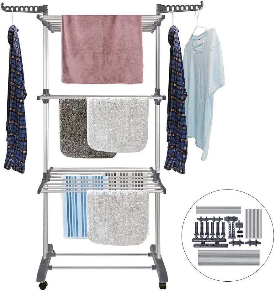 CARLA HOME Folding Clothes Drying Rack with Wheels and Adjustable Side Wings for Laundry Rack and Clothes, image 8