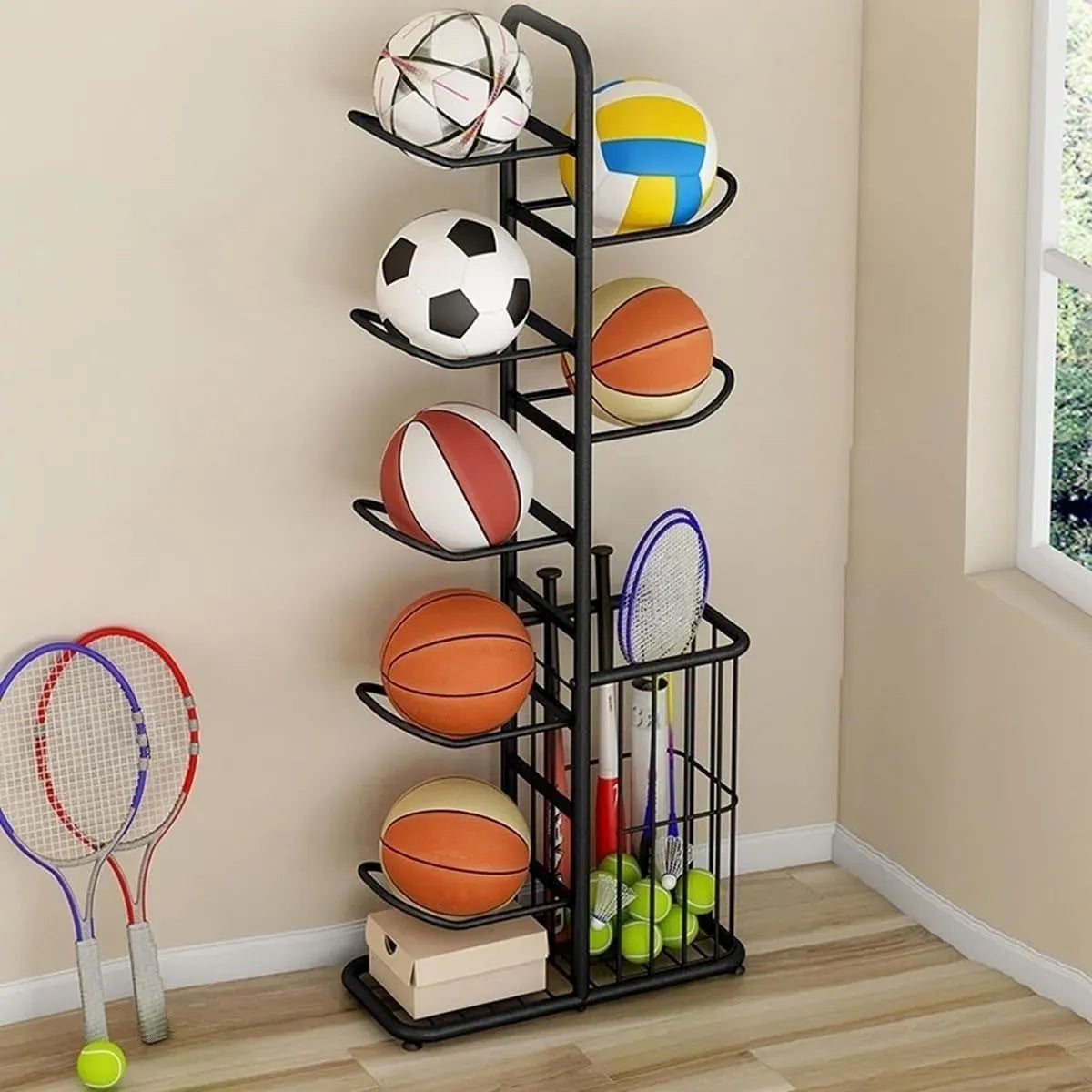 CARLA HOME 7 Tier Ball Storage Rack - Sports Organiser - Black - Basketball Storage Rack