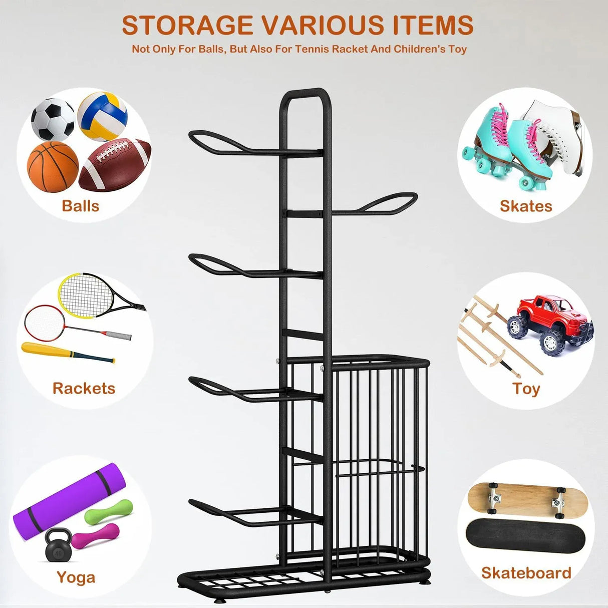 CARLA HOME 7 Tier Ball Storage Rack - Sports Organiser - Black - Basketball Storage Rack