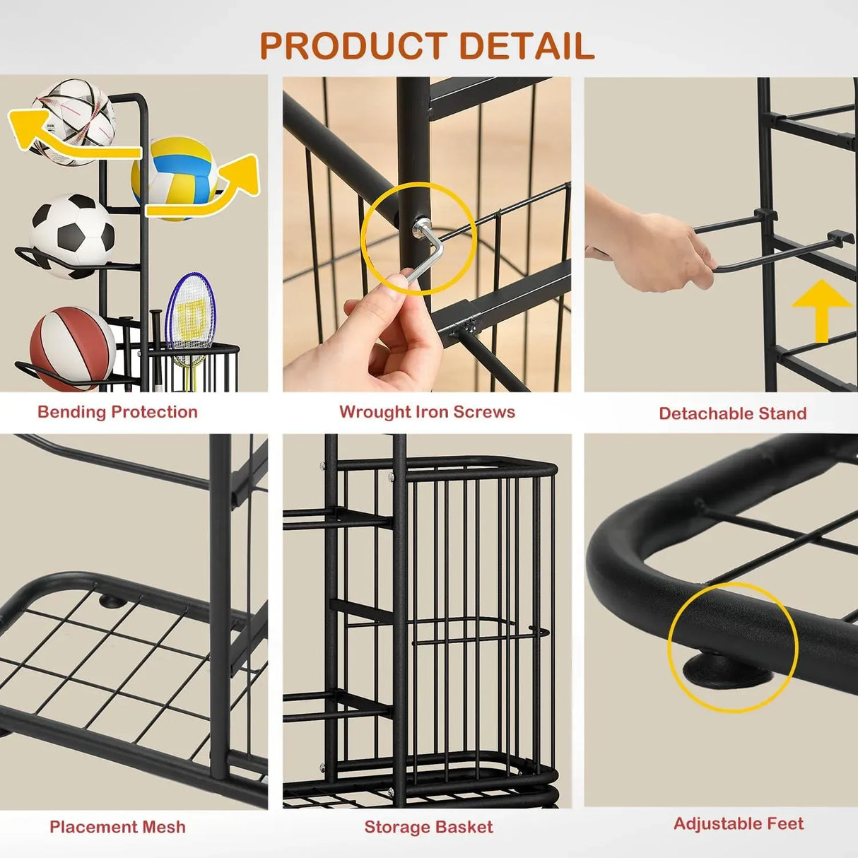 CARLA HOME 7 Tier Ball Storage Rack - Sports Organiser - Black - Basketball Storage Rack