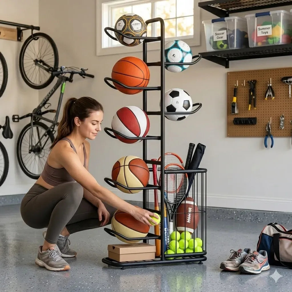 CARLA HOME 7 Tier Ball Storage Rack - Sports Organiser - Black - Basketball Storage Rack