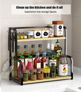 CARLA HOME 2-Tier Wooden Kitchen Countertop Spice Rack for Storage of Condiments, Oils, Jars & Seasoning Bottles - Rear View