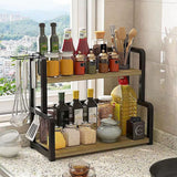 CARLA HOME 2-Tier Wooden Kitchen Countertop Spice Rack for Storage of Condiments, Oils, Jars & Seasoning Bottles - Low Angle