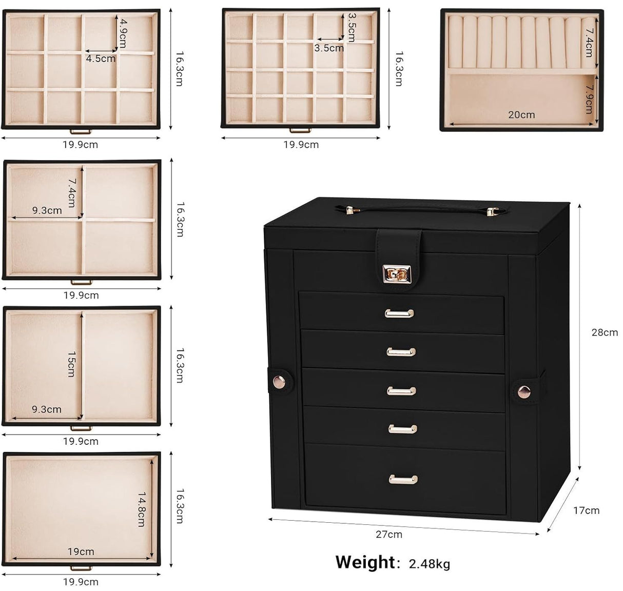 CARLA HOME 6-Layer Large Jewelry Box for Women withDrawers, Mirror, Lock, Necklace Hooks & Side Compartments for Rings, Earrings, Bracelets, Gifts (