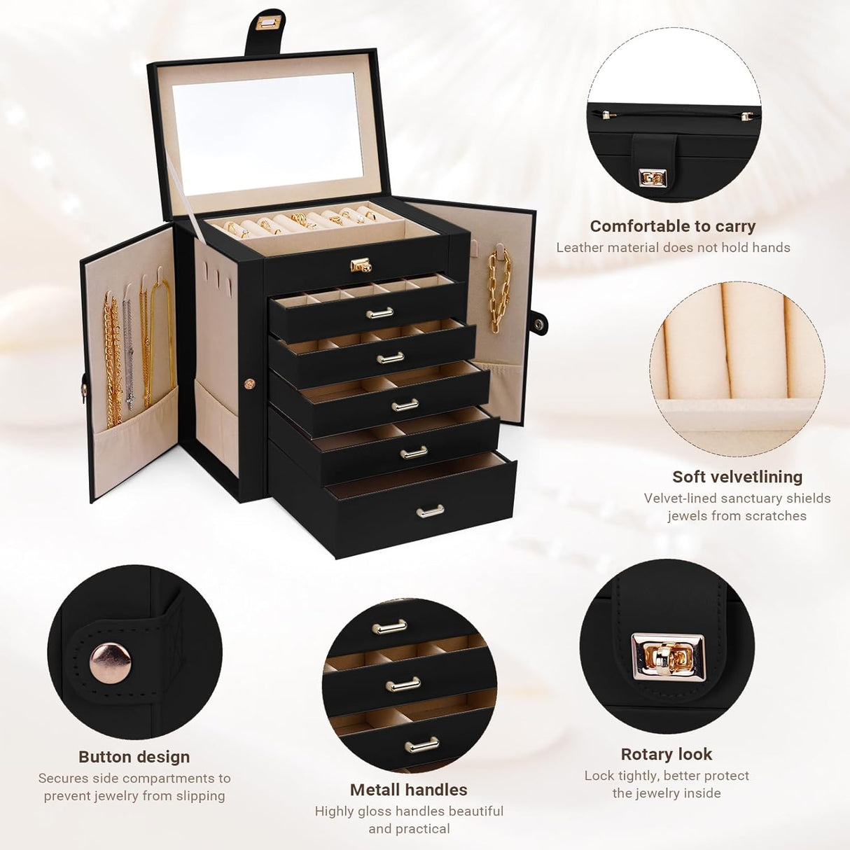 CARLA HOME 6-Layer Large Jewelry Box for Women withDrawers, Mirror, Lock, Necklace Hooks & Side Compartments for Rings, Earrings, Bracelets, Gifts (