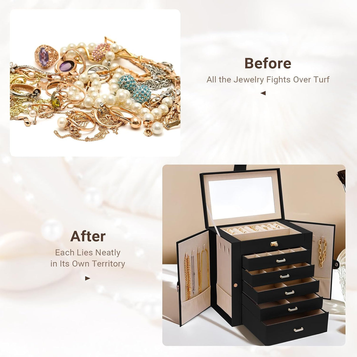 CARLA HOME 6-Layer Large Jewelry Box for Women withDrawers, Mirror, Lock, Necklace Hooks & Side Compartments for Rings, Earrings, Bracelets, Gifts (