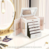 CARLA HOME 6-Layer Large Jewelry Box for Women withDrawers, Mirror, Lock, Necklace Hooks & Side Compartments for Rings, Earrings, Bracelets, Gifts (White) - Top-Down View