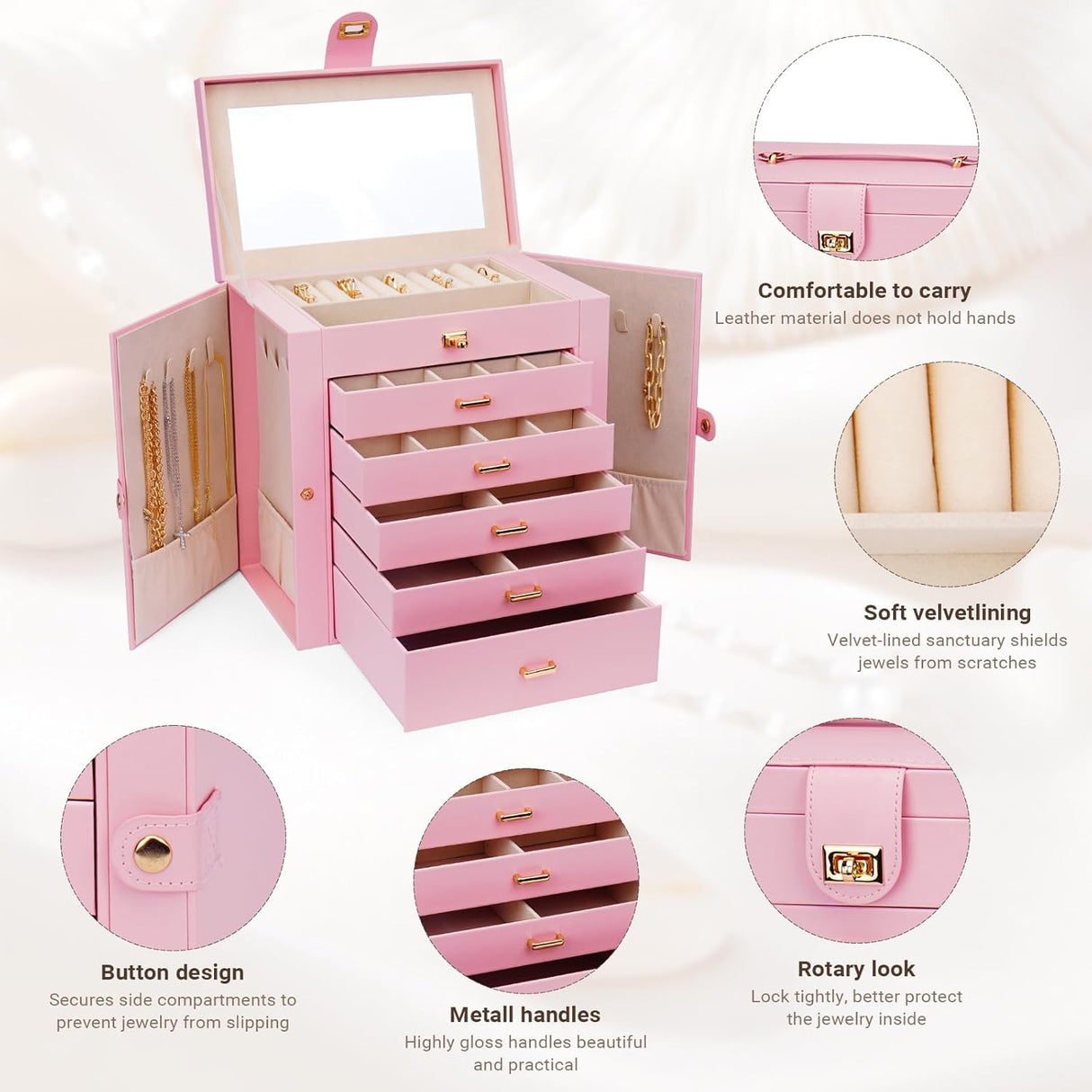 CARLA HOME 6-Layer Large Jewelry Box for Women withDrawers, Mirror, Lock, Necklace Hooks & Side Compartments for Rings, Earrings, Bracelets, Gifts (