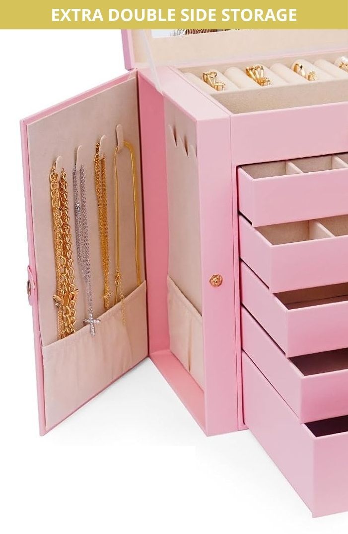 CARLA HOME 6-Layer Large Jewelry Box for Women withDrawers, Mirror, Lock, Necklace Hooks & Side Compartments for Rings, Earrings, Bracelets, Gifts (