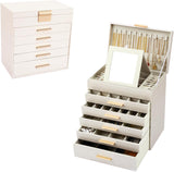 CARLA HOME  6-Layer Large Jewelry Organizer Box for Women with Mirror, Drawers, Hooks & Dividers for Rings, Necklaces, Bracelets, Ideal Gift for Women (White)
