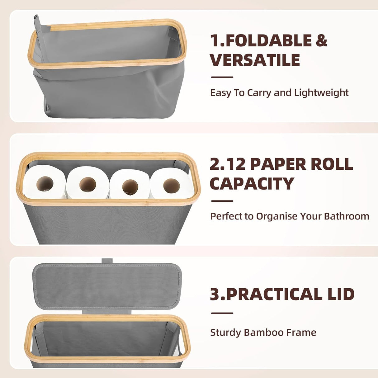 CARLA HOME 2 pack Toilet Paper Storage Basket Holds Up to 12 Rolls with Bamboo Lid and Handle for RV Closet (Grey)