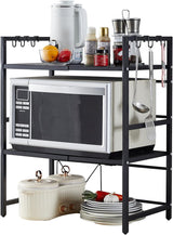 CARLA HOME 3-Tier Microwave Oven Rack with Adjustable Metal Kitchen Shelf Stand for Countertop Storage and 6 Hooks for Utensils - Low Angle
