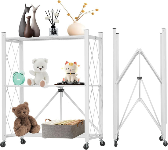 CARLA HOME 3-Tier Foldable Storage Shelf with Wheels for Kitchen Garage Pantry or Basement (White)