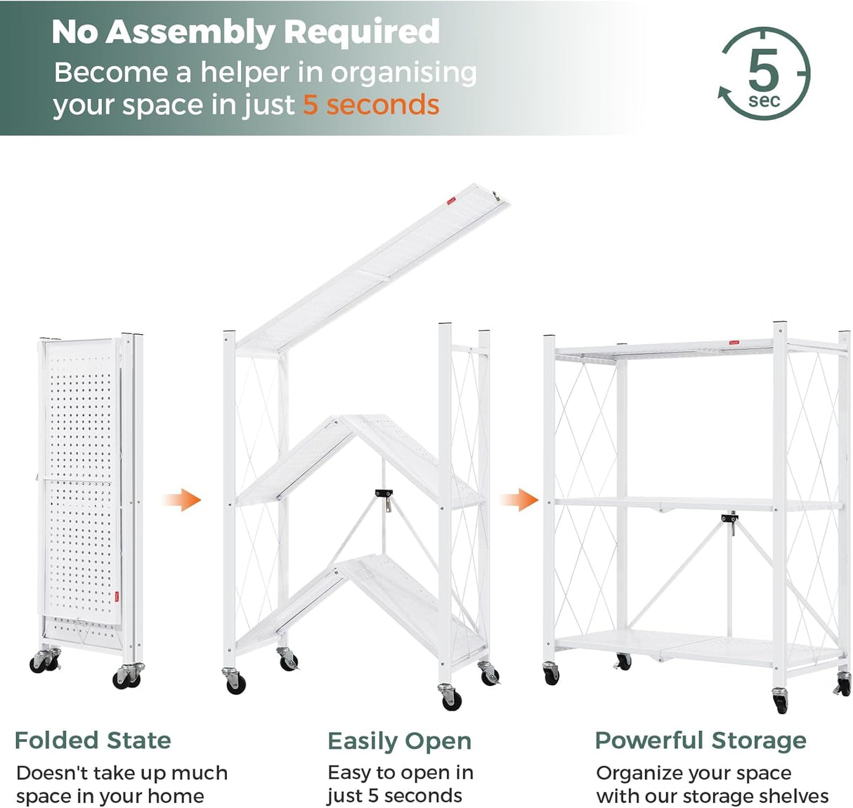 CARLA HOME 3-Tier Foldable Storage Shelf with Wheels for Kitchen Garage Pantry or Basement (White)