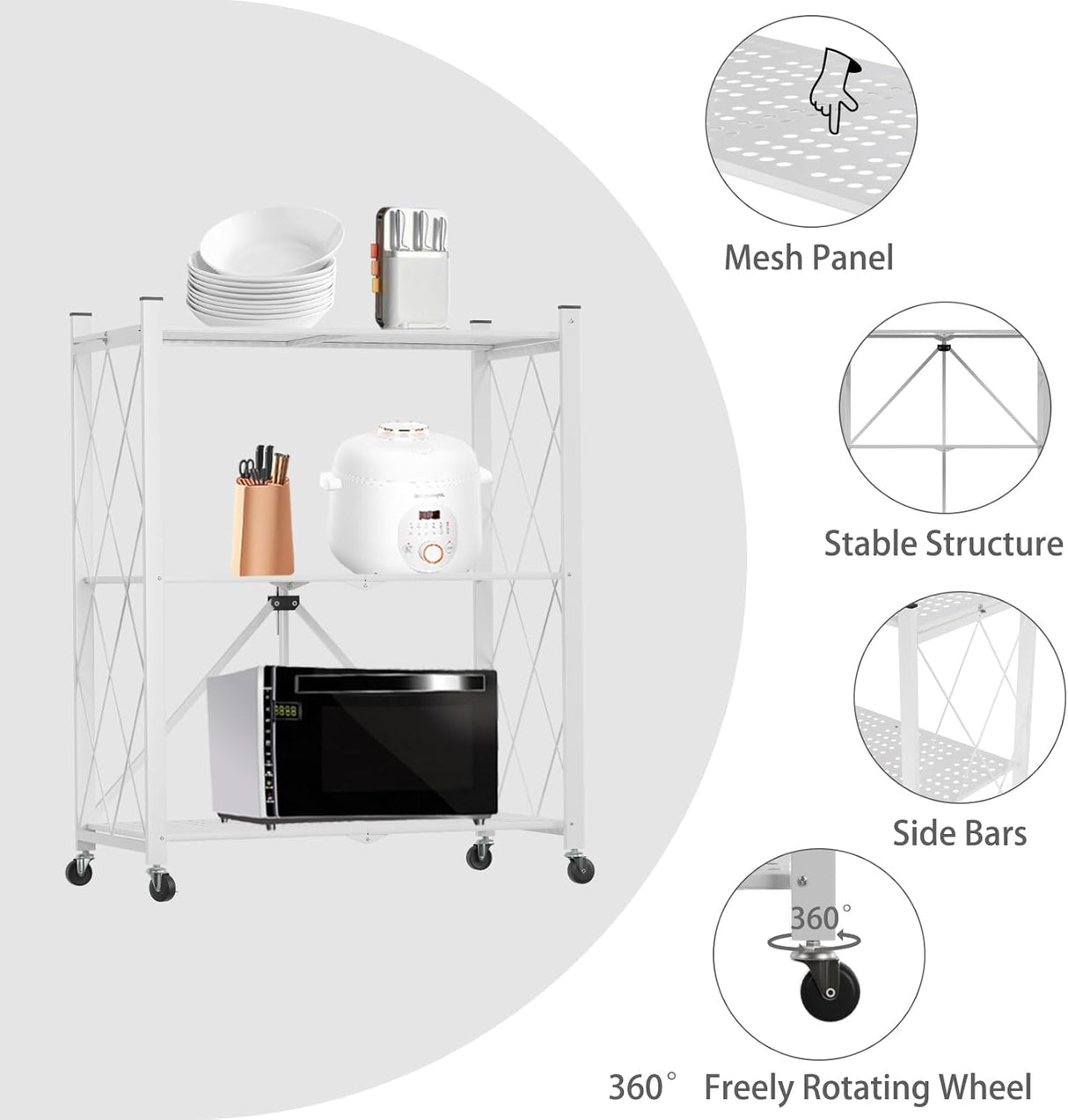 CARLA HOME 3-Tier Foldable Storage Shelf with Wheels for Kitchen Garage Pantry or Basement (White)