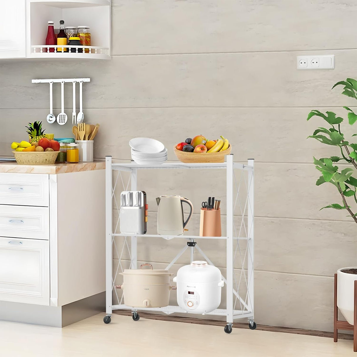CARLA HOME 3-Tier Foldable Storage Shelf with Wheels for Kitchen Garage Pantry or Basement (White)