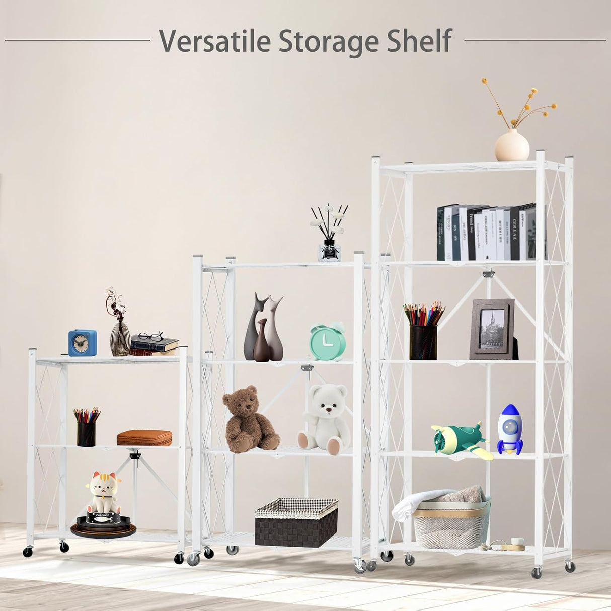 CARLA HOME 3-Tier Foldable Storage Shelf with Wheels for Kitchen Garage Pantry or Basement (White)