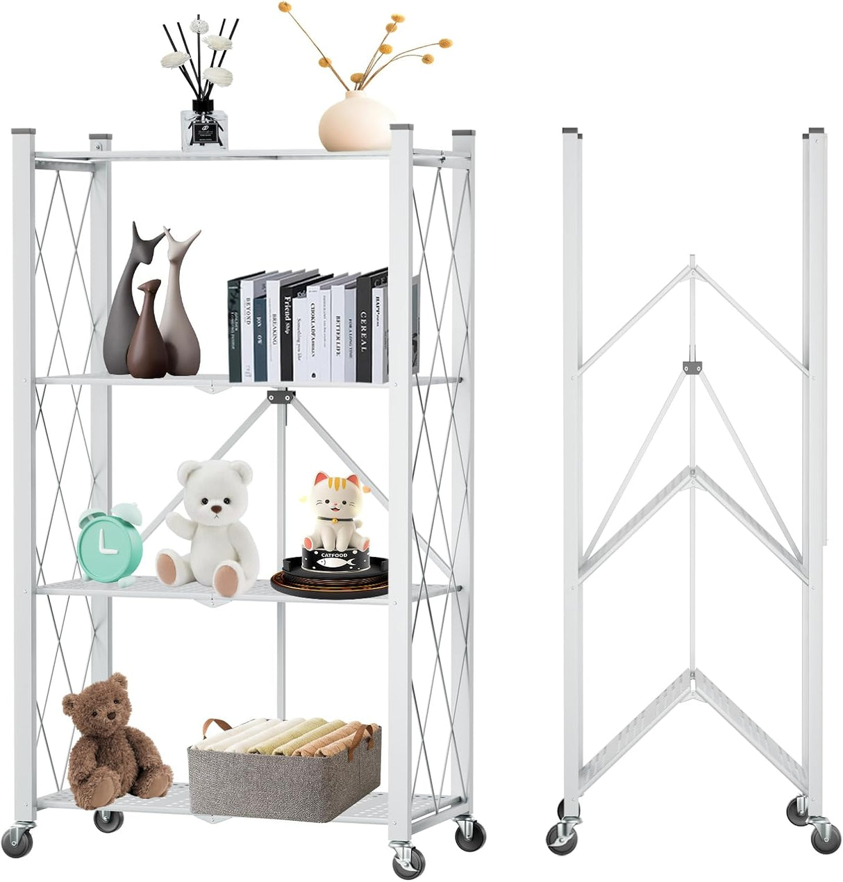 CARLA HOME 4-Tier Foldable Storage Shelf with Wheels for Kitchen Garage Pantry or Basement (White)