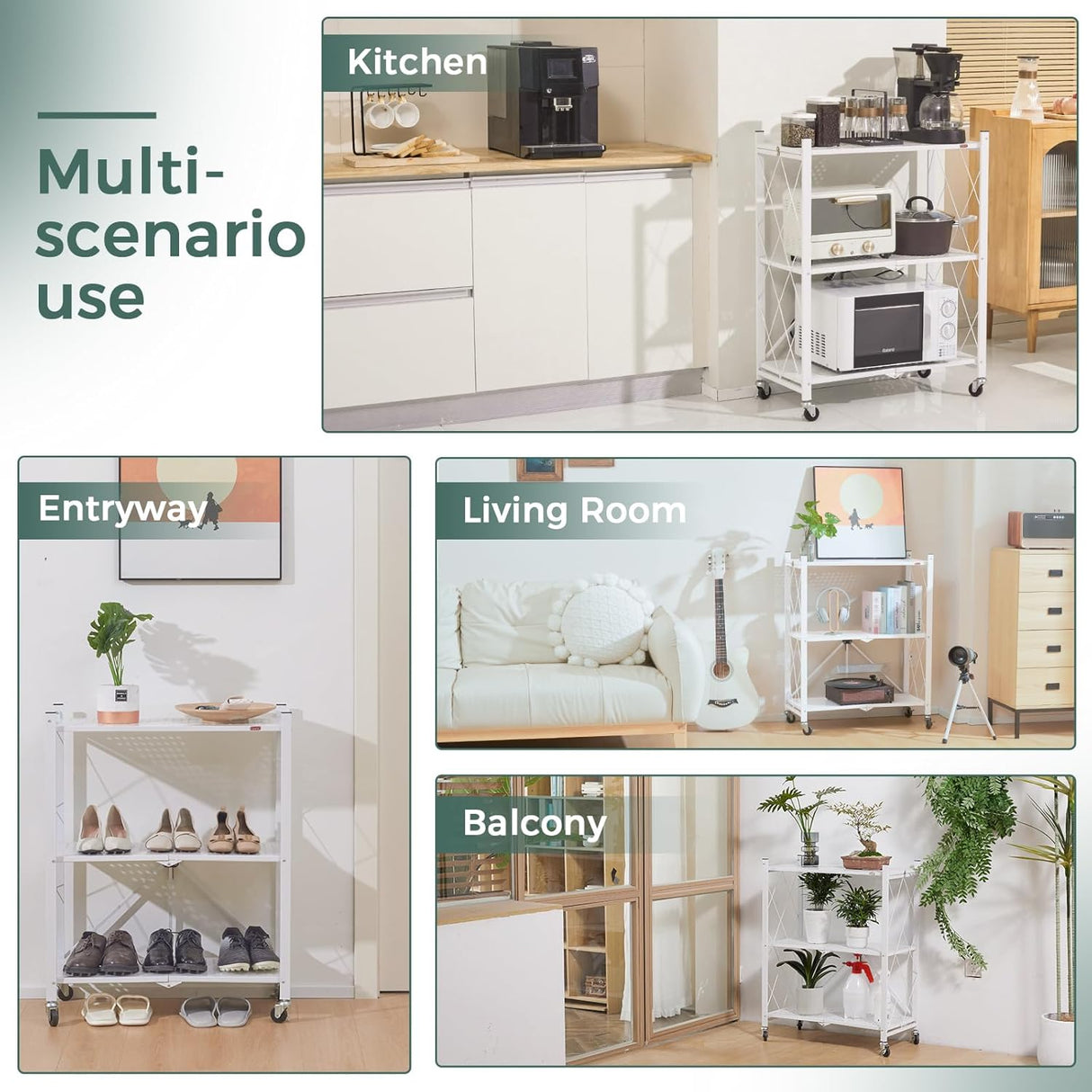CARLA HOME 4-Tier Foldable Storage Shelf with Wheels for Kitchen Garage Pantry or Basement (White)